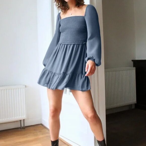 Aritzia Wilfred Tempest Mini Dress Smocked Chiffon Granite Blue Size Small - Picture 2 of 6